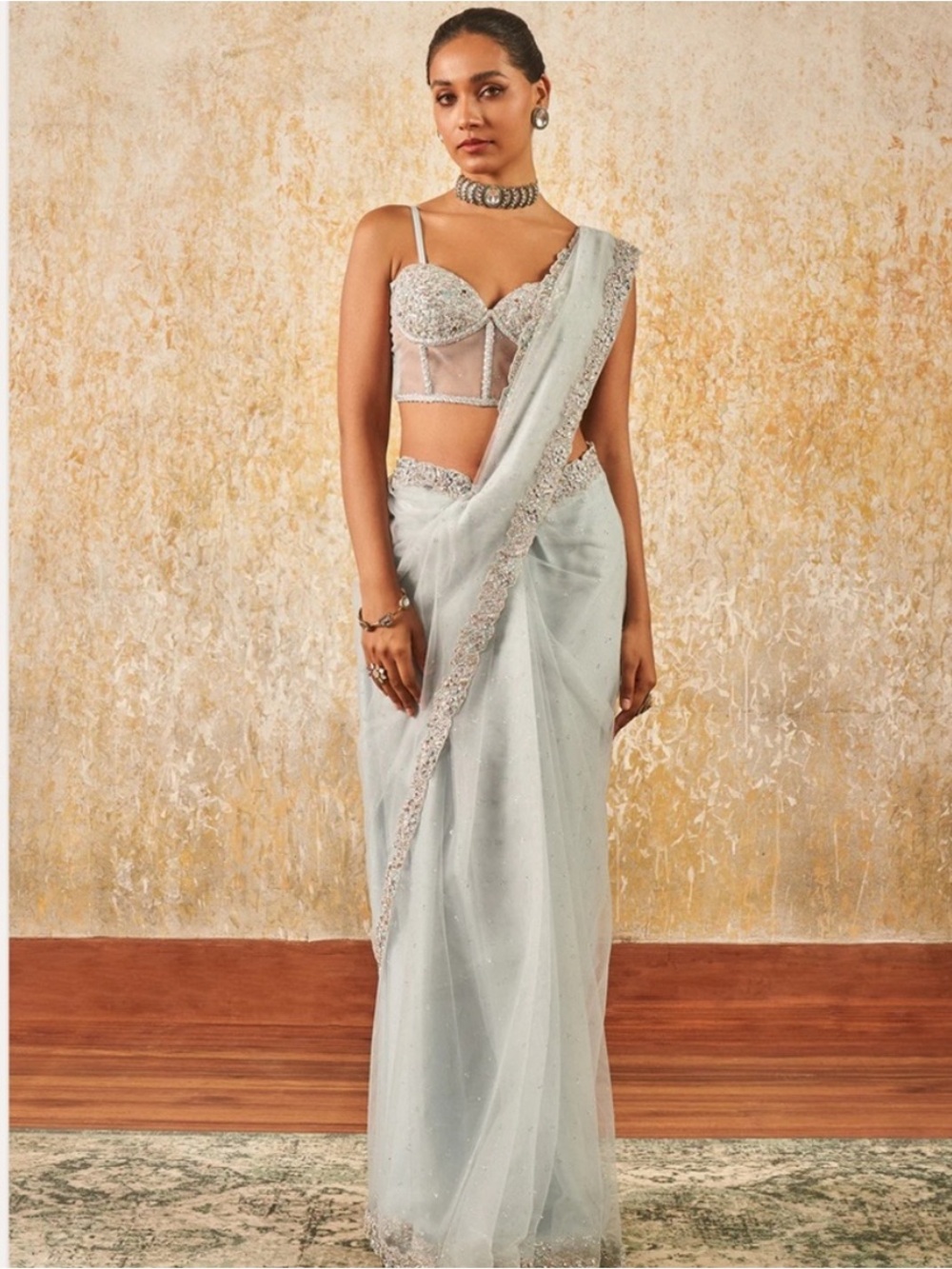 Embellished Light Silver-Grey Saree with Beaded Blouse
